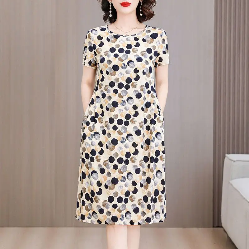 Women Polka Dot Print Short Sleeve A Line Knee Length Dress Casual Loose Fit Summer Dress