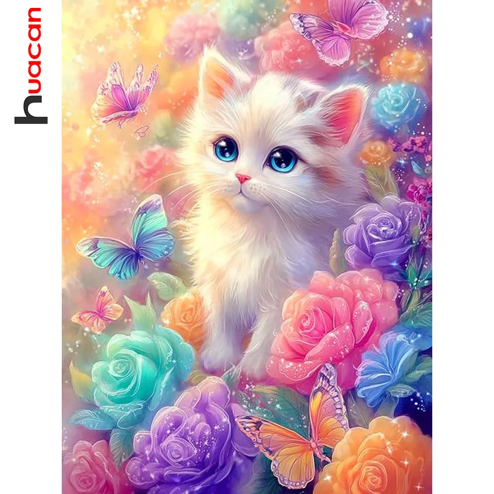 Huacan Diamantmalerei, Katze, Rose, Diamantmosaik, Tier, Blume, komplettes Set, Bild aus Strass