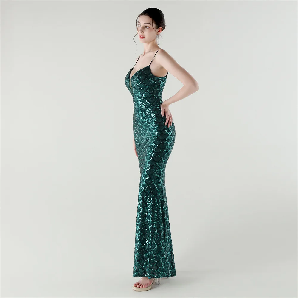 2025 New Suspender Deep V Slim Fit Fish Scale Sequin Green Dress for Party Formal Banquet Evening Dress