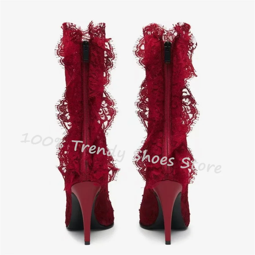 

Sexy Lace Embroidery Semi-Transparent Women Boots Pointed Toe Thin Heel High Top Ankle Boots Wedding Party Lady Dress Shoes