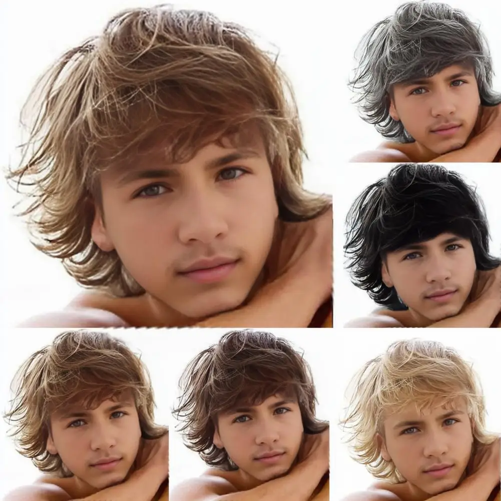 

Men Short Curly Wig with Bangs Vintage Fluffy Natural Looking High Temperature Fiber Male Wavy Blonde Black Synthetic Hair