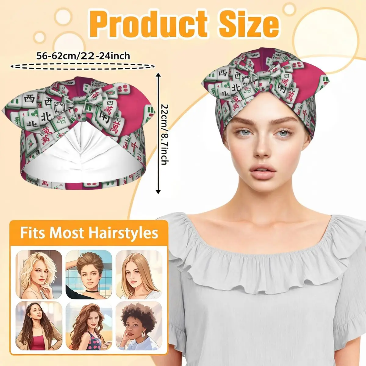 Mahjong Tile Pattern Sleep Bonnet Double Layer with Adjustable Bow, Reversible Hair Cap for Curly Braids Hair