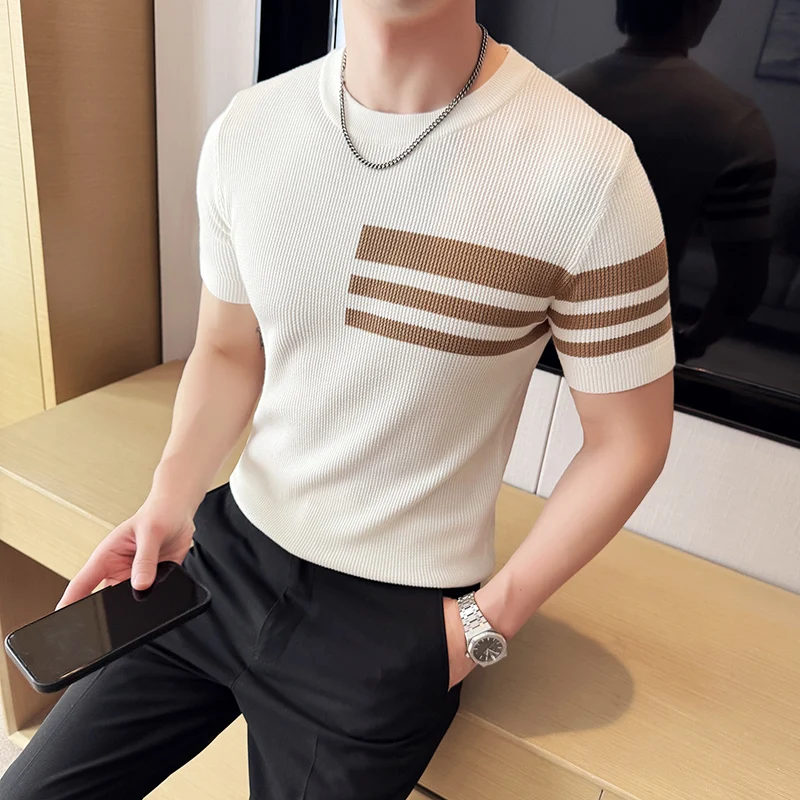 British Style Striped Knitted T-shirt for Men Summer Short Sleeved Round Neck Sweater Slim Fit Casual Business Social Tee Tops