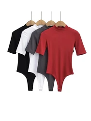 Summer Short Sleeve Stand Collar Bodysuits Women 4 Colors Stretchable Slim Knits Tops Black White