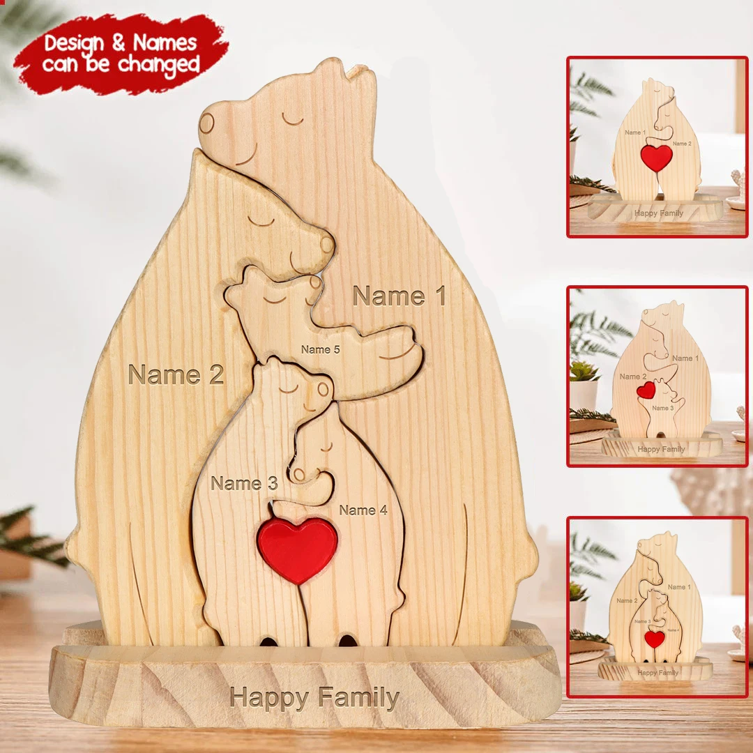 Birthday decoration Wooden Bear Family Puzzle with Base Free Personalized Custom Names DIY Home Decor Christmas decorations