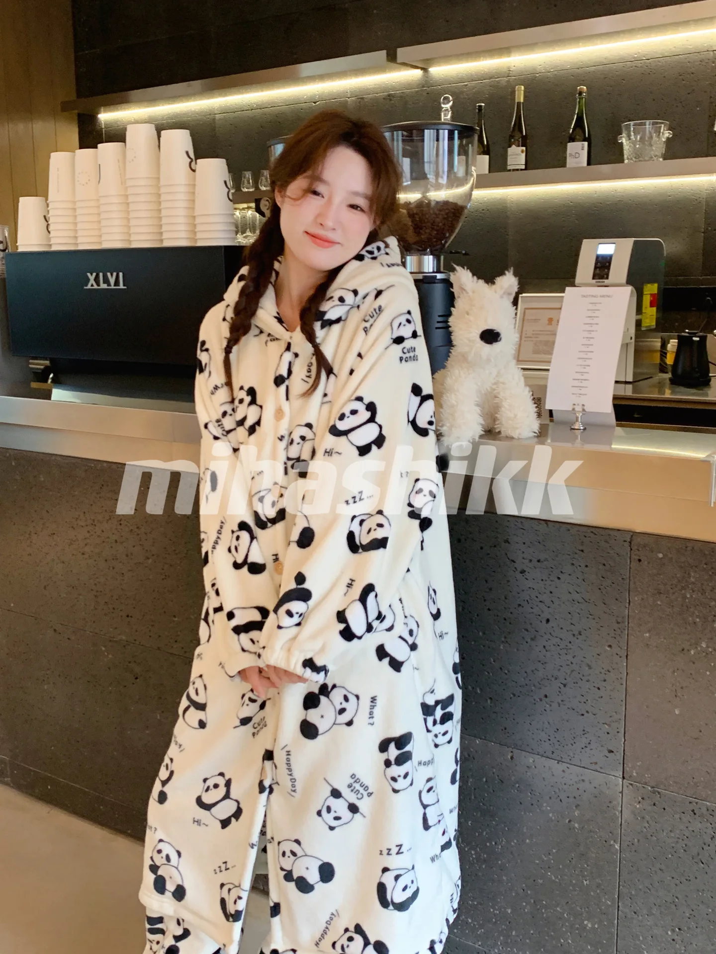 Fall Winter 2024 Women\'s Robe Pants Pajamas Cute Panda Print Fleece Thick Night-robe Nightgown Hooded Pockets Long Robes 40917