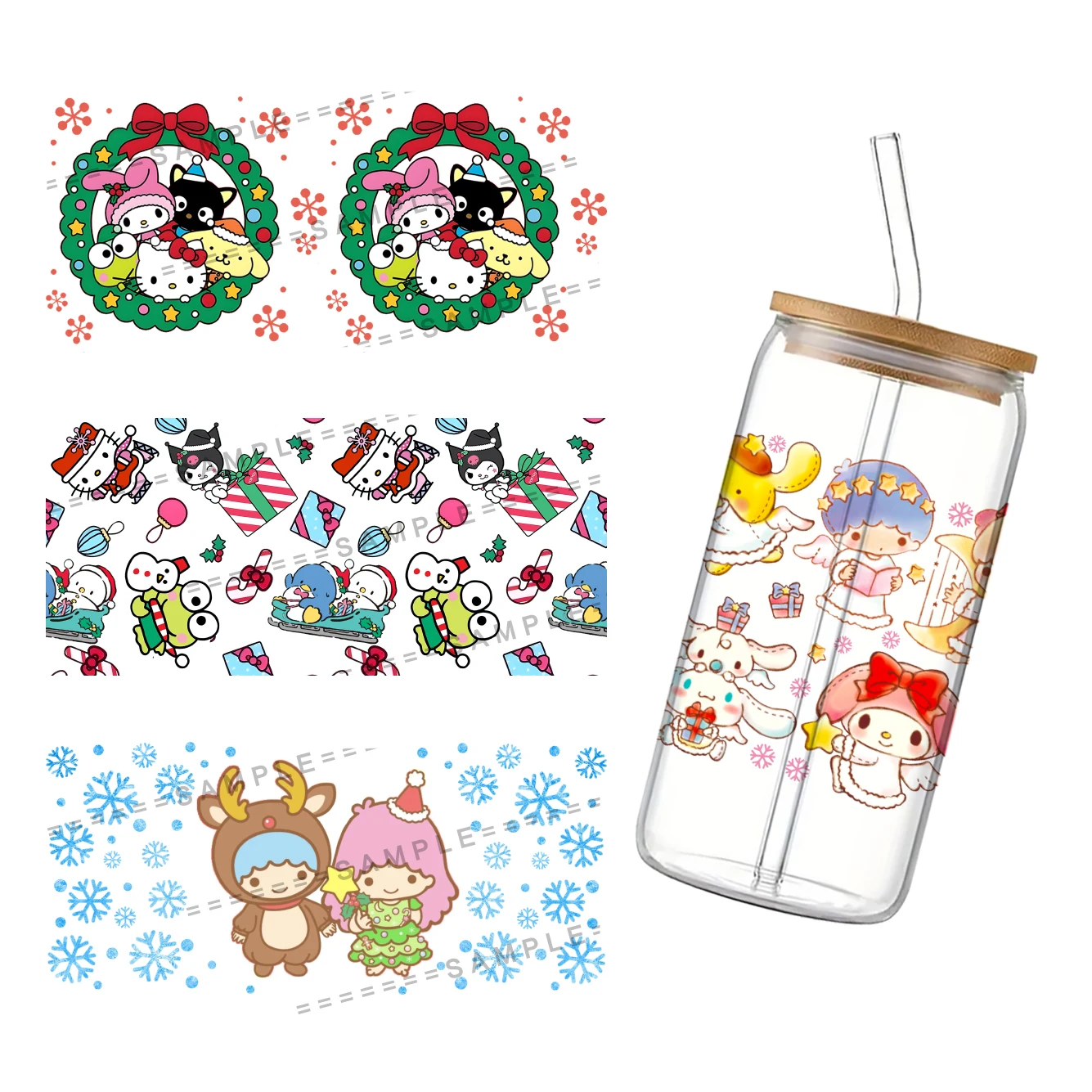 Sanrio Christmas Theme Waterproof Decal UV DTF Cup Permanent Adhesive Ready To Apply No Heat Needed Wrap 16oz For Libbey Glass