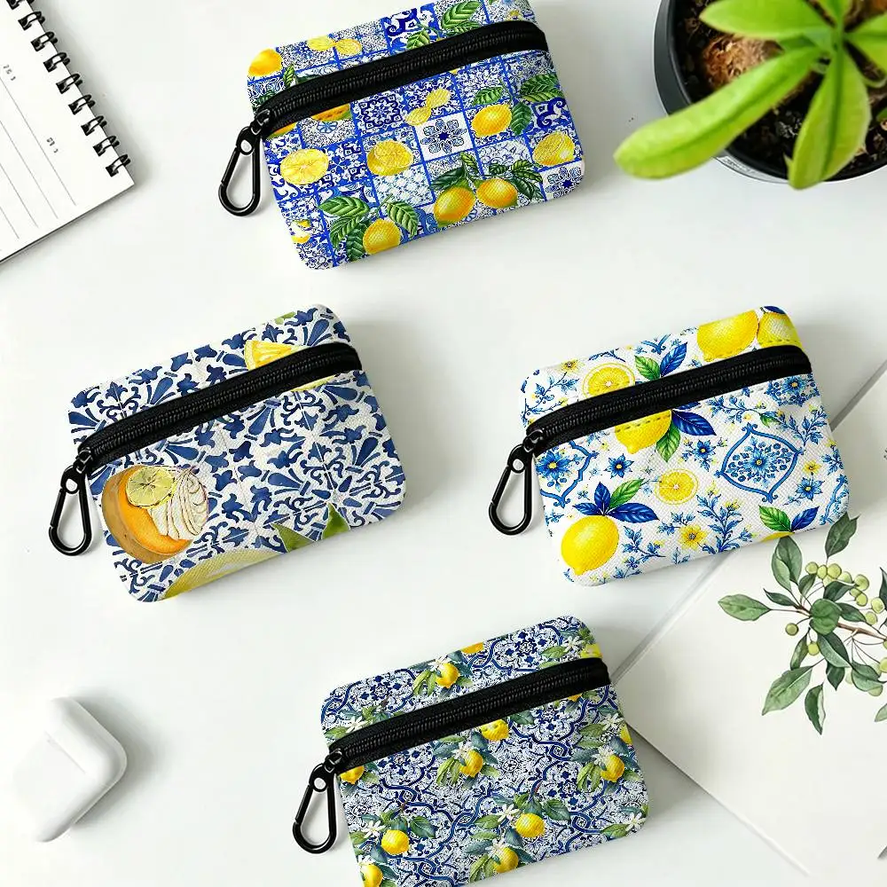 Morocco Lemon Fruit Pattern Art Portable Mini Oxford Cloth Coin Purse With Carabiner Hook Zipper Key Card Earphone Wallet