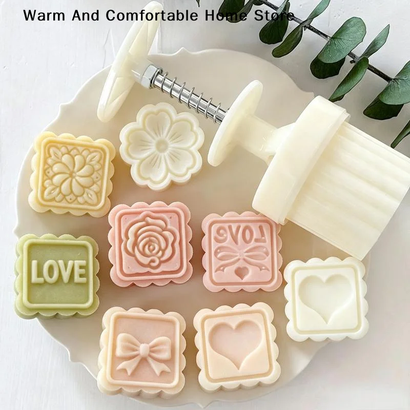 【W】Flower Mooncake Mold Set 1 Mold 5 Stamps DIY Manual Flower Cookie Stamps Mooncake Maker Baking Tool Kitchenware Supplies