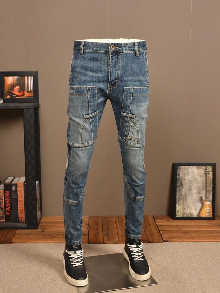 

Street Stitching Jeans Men's Punk & Rock Stretch Slim Fit Skinny Retro Washed Casual High Street Motorcycle Men's Pants