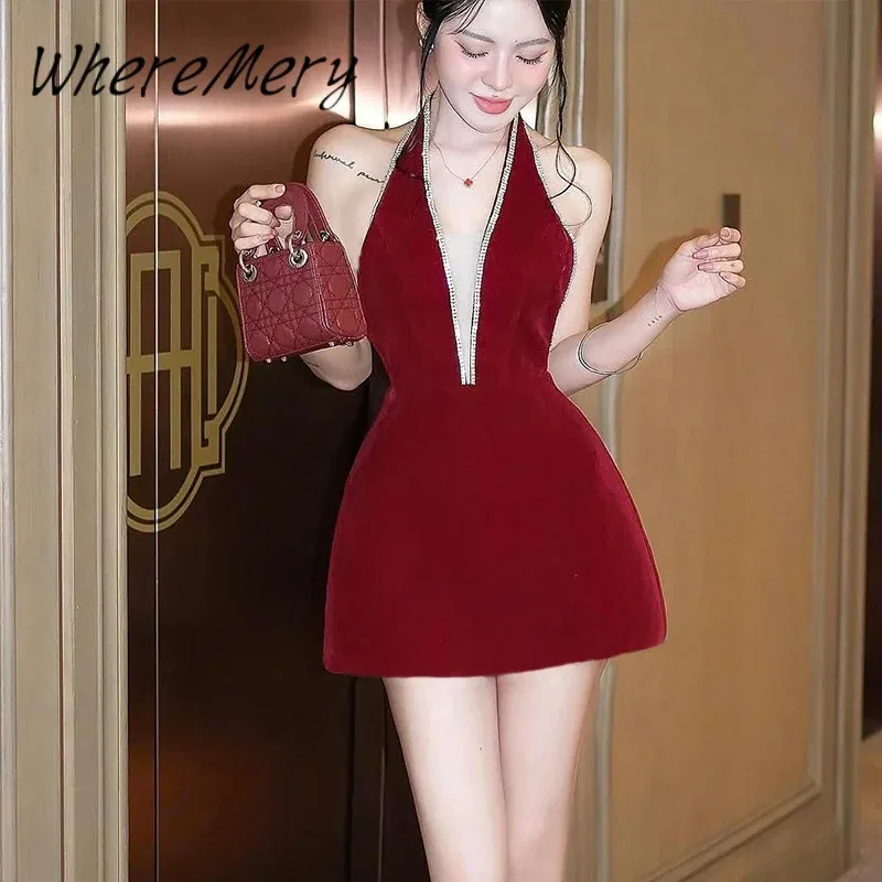 WhereMery เซ็กซี่กํามะหยี่ Backless Mini Dress Y2K เสื้อผ้าผู้หญิง Elegant Deep V ชุดราตรีวินเทจแขนกุดฤดูใบไม้ผลิ Vestidos