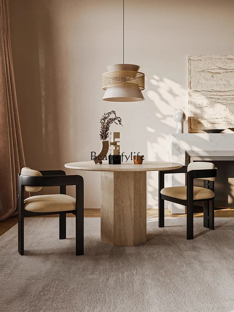 

French Retro Natural Cave Stone Dining Table High-End Affordable Luxury Villa Restaurant Marble round Table