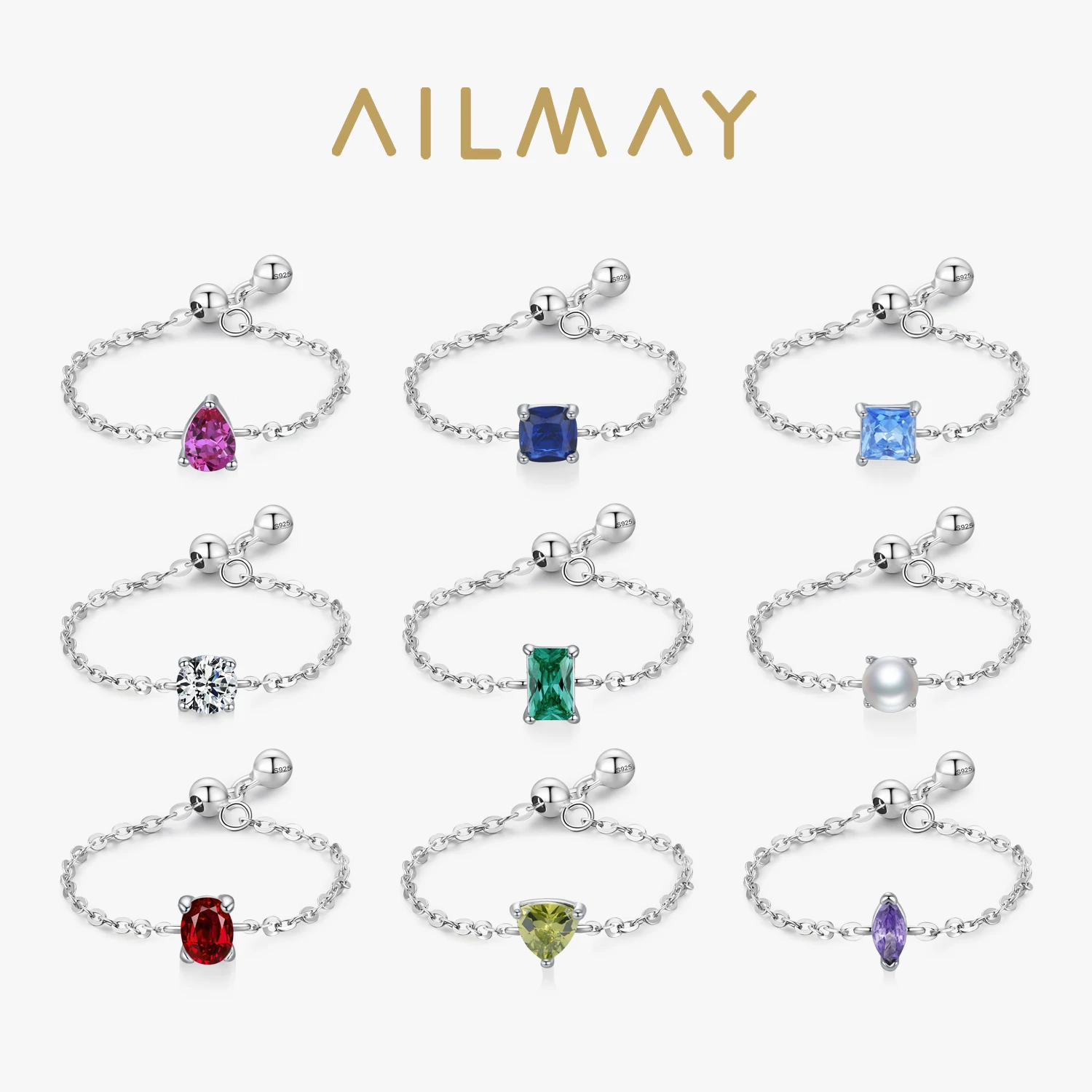 Ailmay Fashion 925 Sterling Silver 12-miesięczny kamień urodzinowy Regulowane pierścionki łańcuszkowe dla kobiet do noszenia na co dzień i jako prezenty
