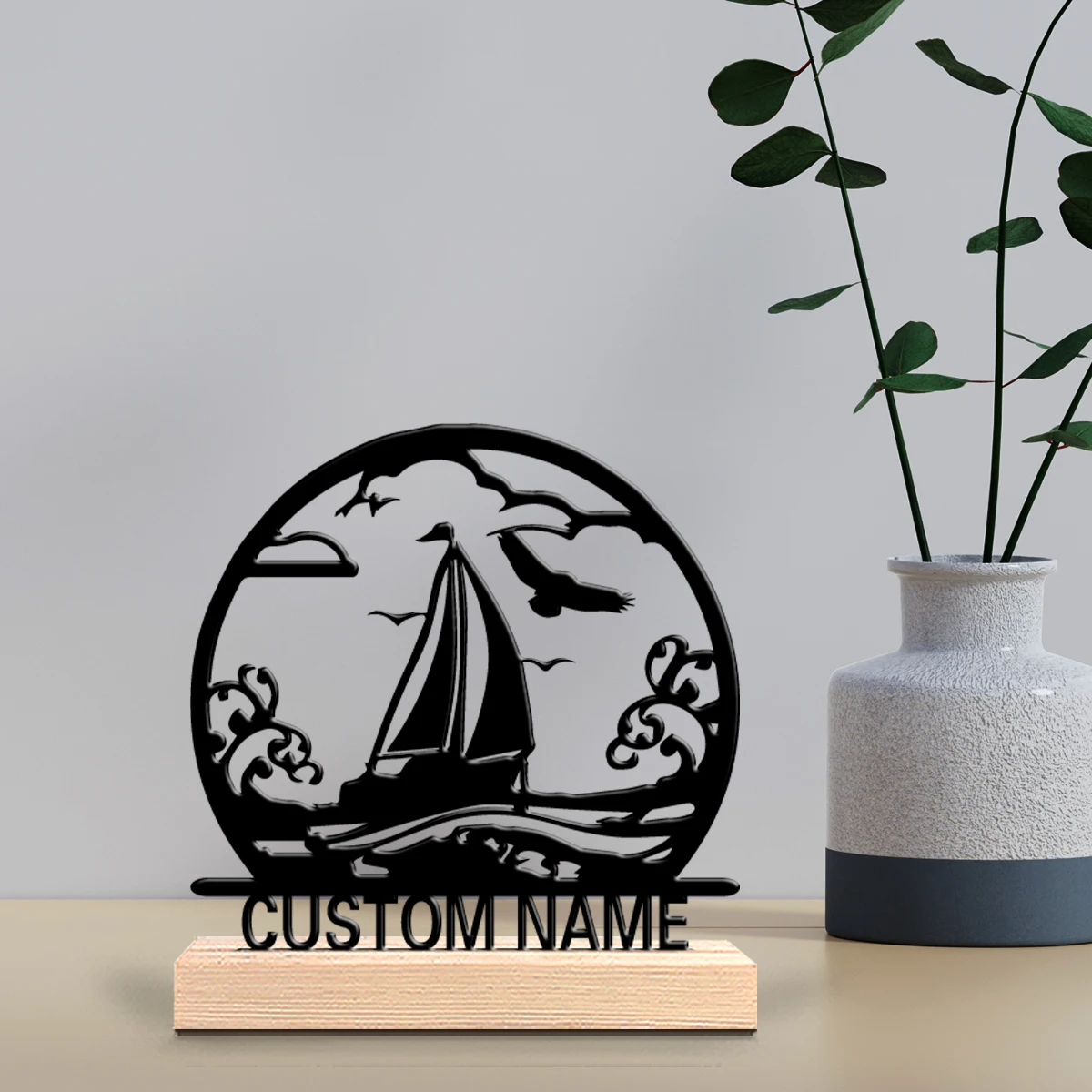 1pc Fun Personalized Custom sailboat Metal Statues Desktop sculpture with wooden base suitable for pet grooming