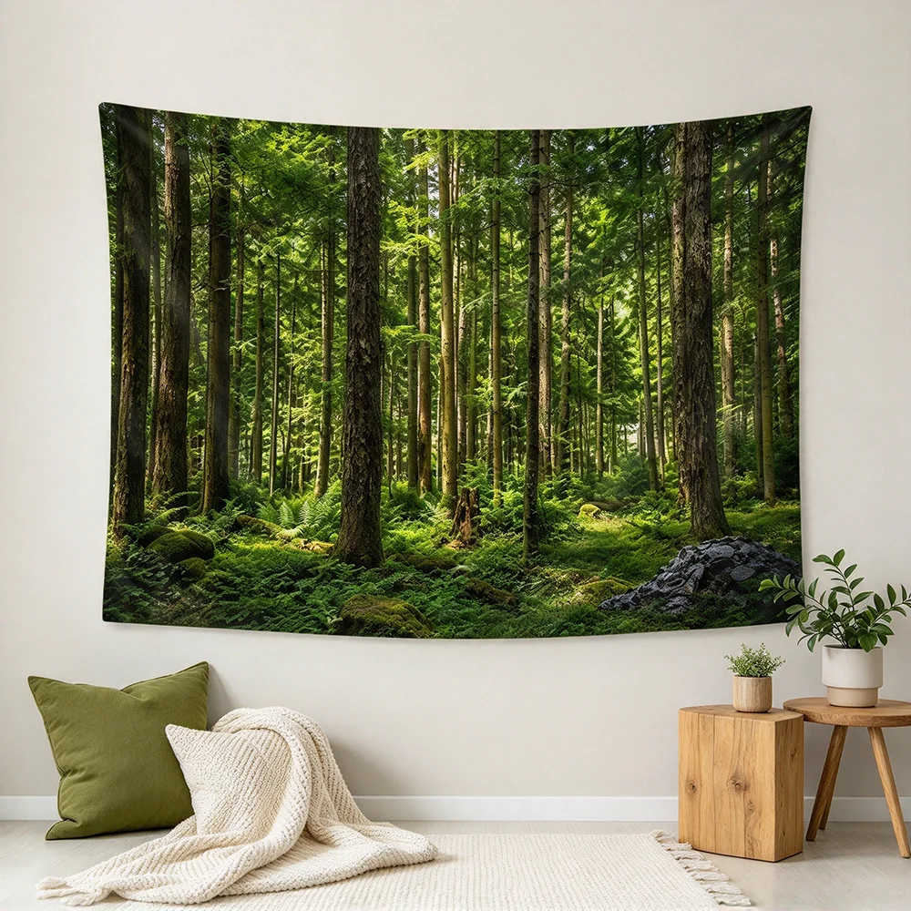 1PCS Tapestry, Green Forest Tall Trees Sunlight Natural Scene, Holiday Party Decoration for Home Studio Wall