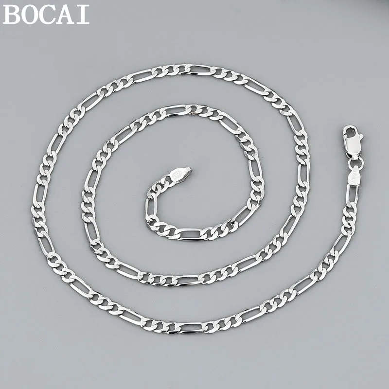 BOCAI S925 Sterling Silver Jewelry Fashionable Personality Figaro Chain Three Rooms One Side Body Mother Chain Selected Gifts
