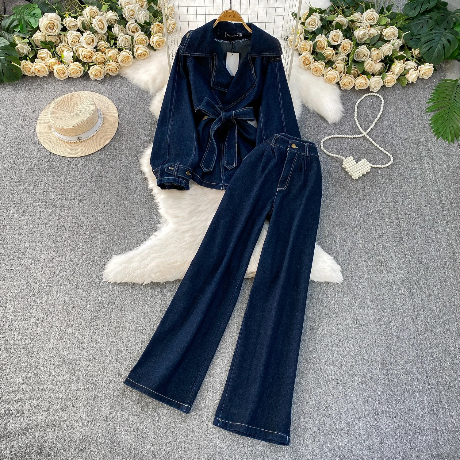 

SuperAen Autumn Elegant Waist Fashion Long-sleeved Denim Lapel Collar Jacket High-waisted Straight Wide-leg Pants Two-piece Sets