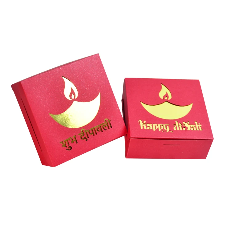 Red and Gold Personalized Indian Party Favor Laser Cut Happy Diwali Sweet Box