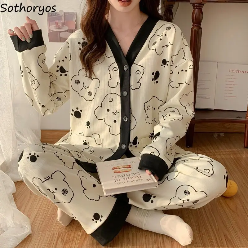 Pajama Sets Women Sleepwear Tender Print Warm Lovely Chic Autumn Clothing Korean Style Cozy All-match Students Home Creativity