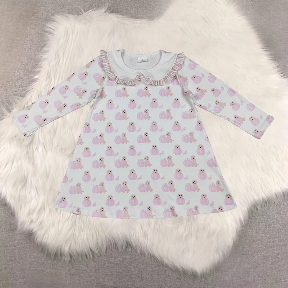 

Baby Girls Pink Dog Pumpkin Print Knee-Length Dress Long Sleeves Ruffle Detail Fall Collection for Kids Girls