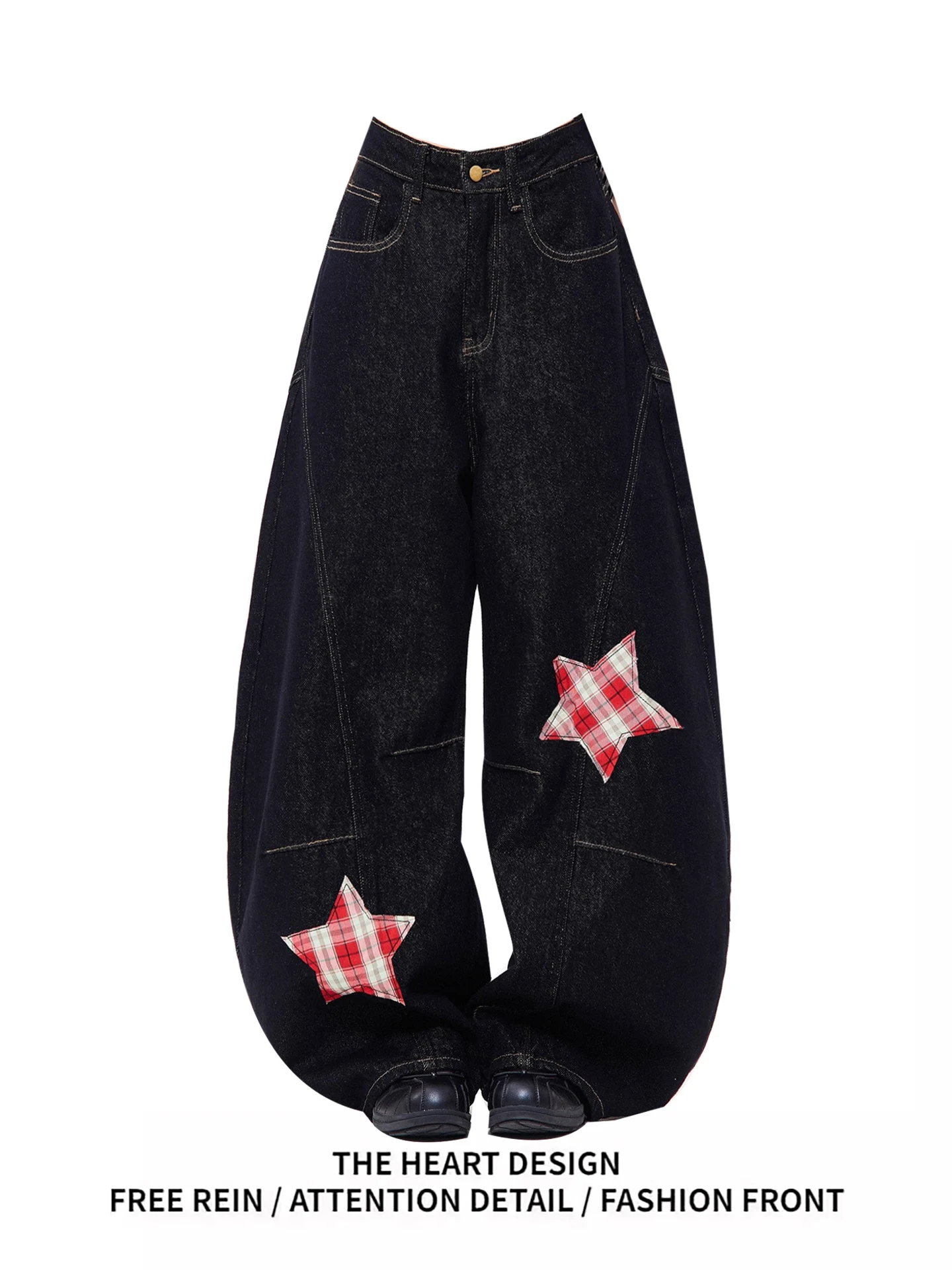 

American Sle Star Splicing Wide Leg Jeans Women's Spring Autumn New Design Loose Straight Cut Floor-Length Pants