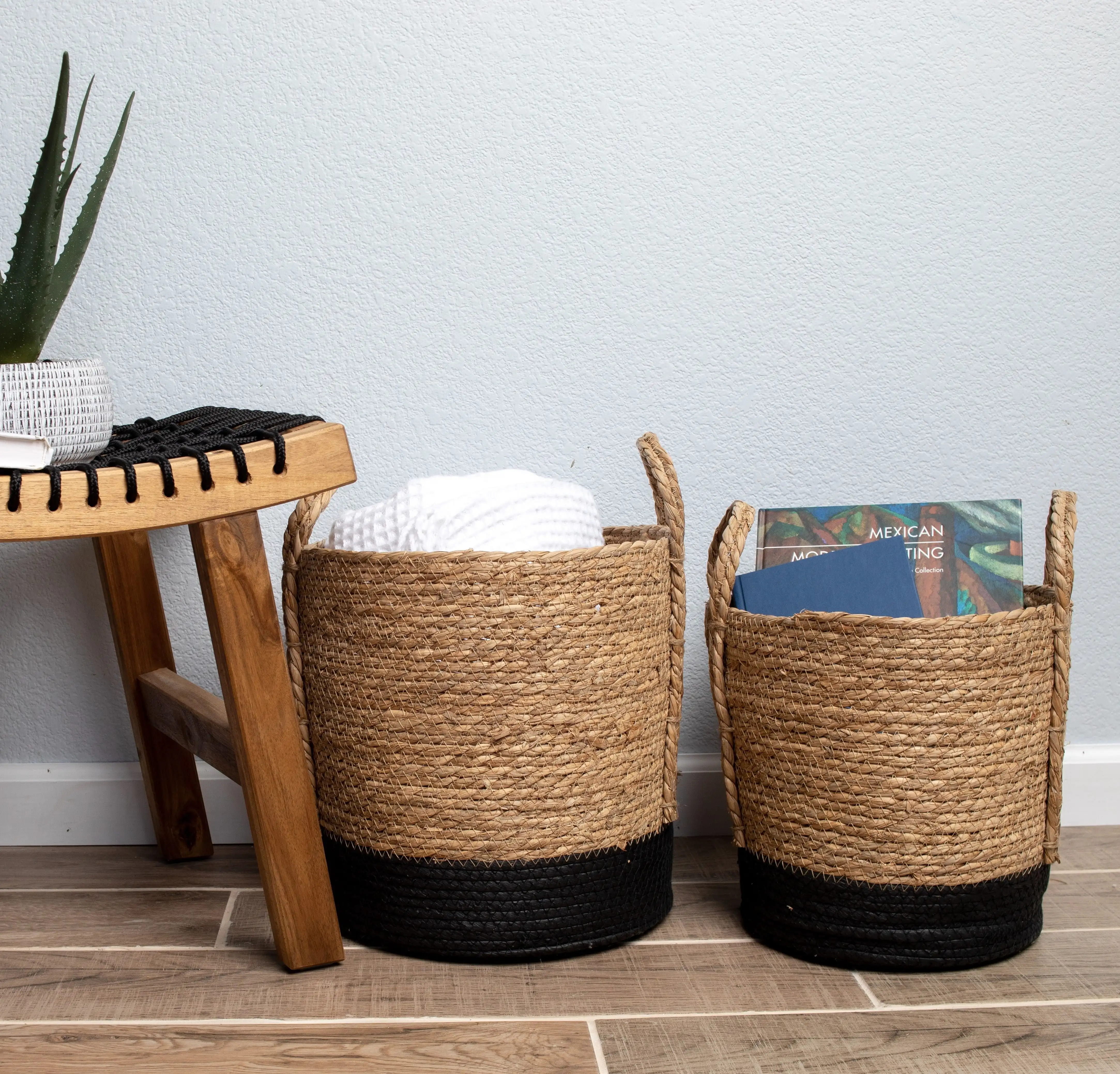 

Better Homes & Gardens Round Seagrass Baskets, Natural, Black, Set of 2, Large & Medium