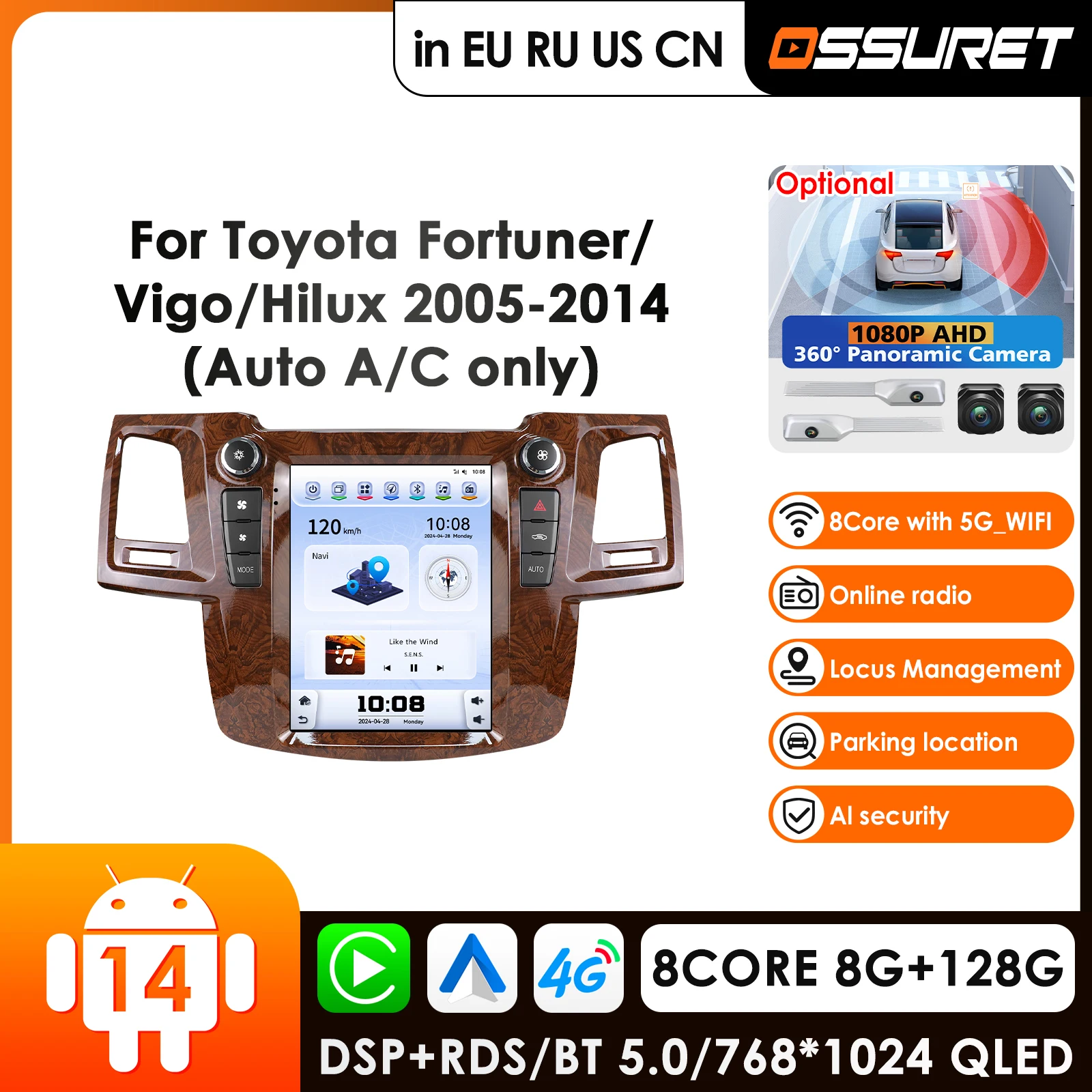 OSSURET 6115 Carplay 4G-LTE Carplay Android Car Radio For Toyota Fortuner Vigo Hilux 2005-2014 Auto A/C Car Multimedia Player