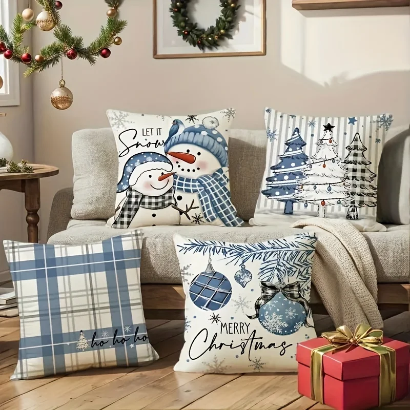 4Pcs Double‑Sided Winter Pillow Covers, Snowman Christmas Tree Bell Print Zipper Cushion Cases, Machine Washable for Living Room