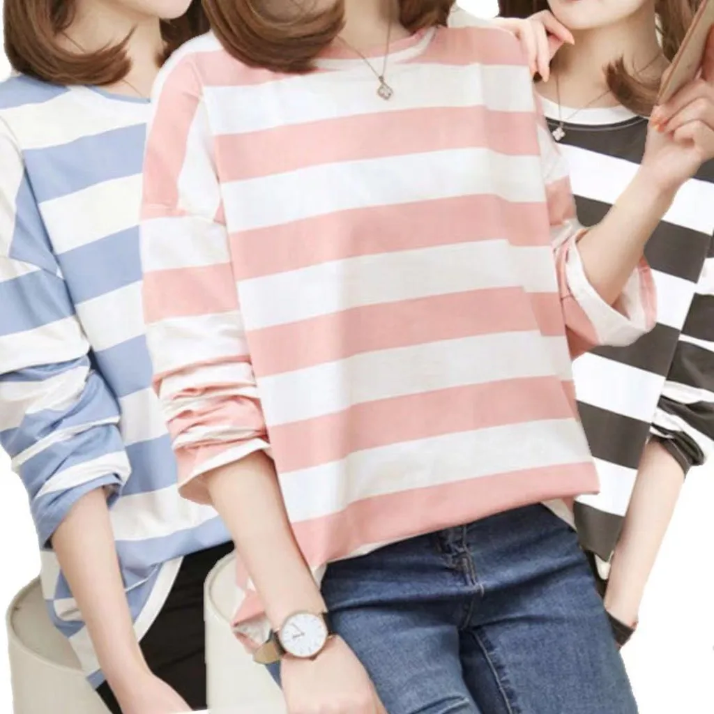 

Woman Tshirts Korean Striped Shirt Woman's Fashion Casual Loose Tops Long Sleeve T-shirt Clothes