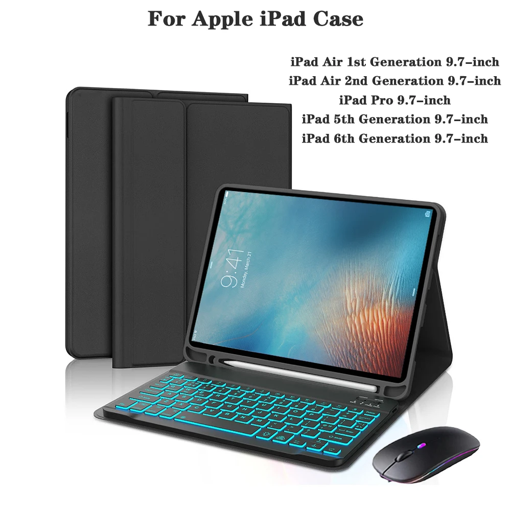 

Чехол для планшета iPad 9,7 дюйма, съемная клавиатура для iPad Air 1-го/2-го поколения/iPad Pro 9,7 дюйма/iPad 5-го/6-го поколения с 7-цветной подсветкой