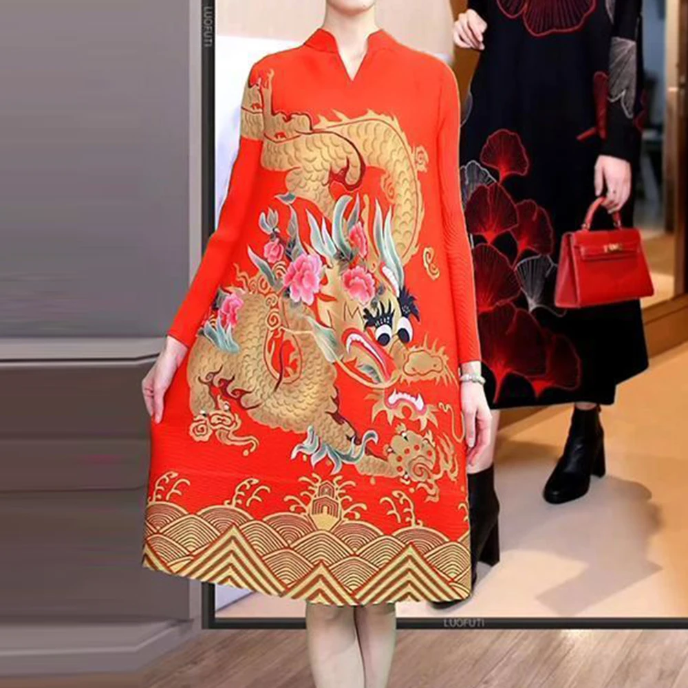 

2024 early spring new Loong printing wrinkle loose thin dress cheongsam summer dress vestido de fiesta mujer para una boda