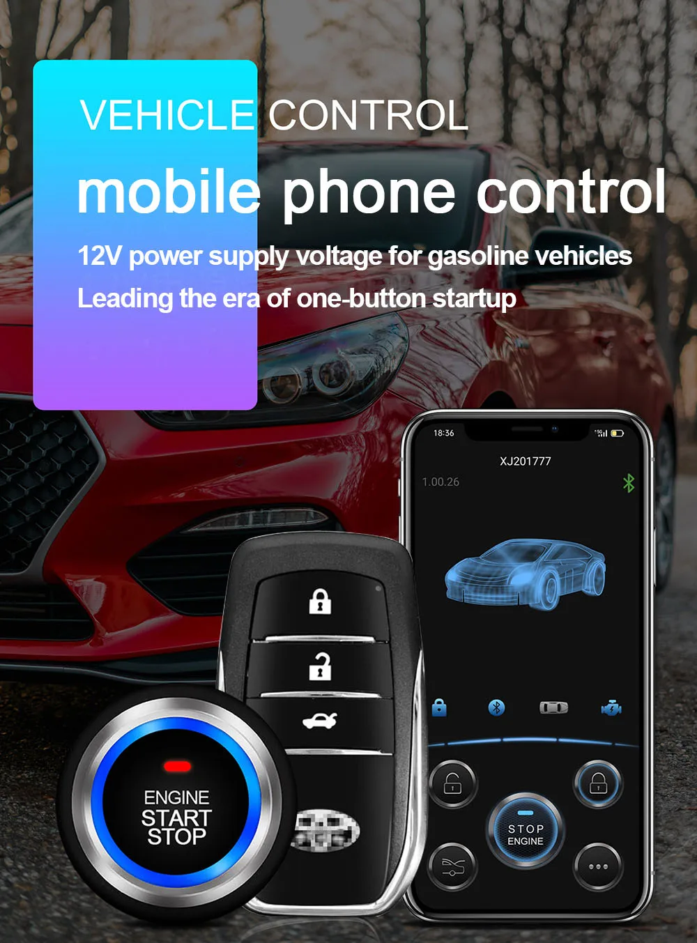 Smart BT Phone APP Control PKE Keyless Entry Engine Start Alarm System Push Button Remote Starter Stop Auto Anti-theft System