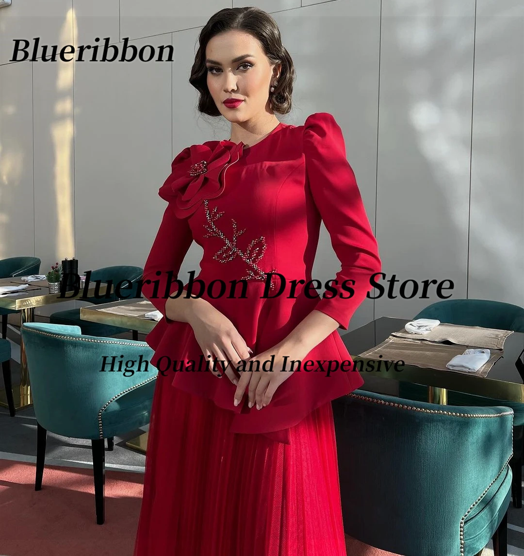 Blueribbon Red Saudi Arabia Women Wear A Line Evening Dresses with Flower Beaded Long Sleeves Prom Dress Zipper Back Vestidos De