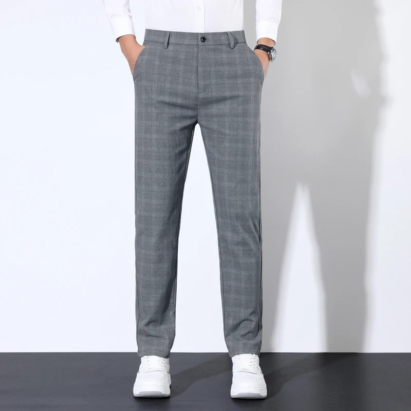 Cotton Plaid Striped Classic Suit Pants Men's Autumn Stretch Business Casual Trousers Groom Wedding Dress Fashion Male Pants