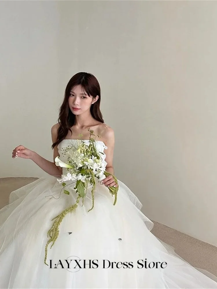 LAYXHS Fashion Wedding Dresses Korea Strapless A-Line Tulle Puffy Sleeveless Bridal Gowns Customized düğün parti elbise
