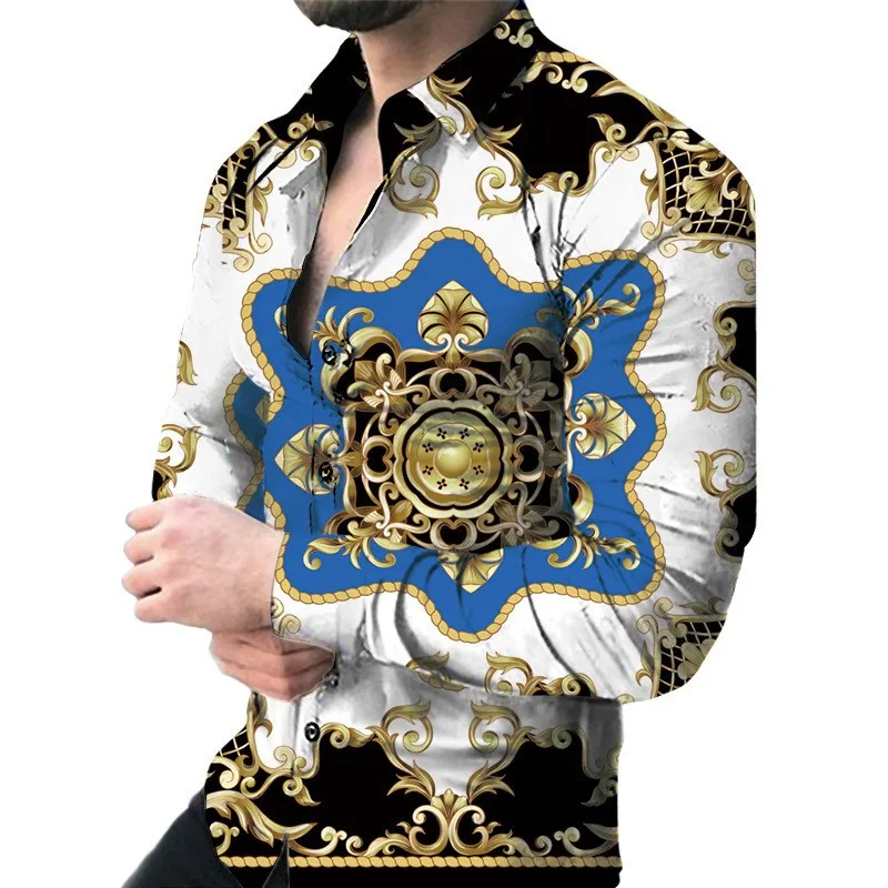 Long Sleeve Golden Chain Shirt Bussiness Style Men's Shirts Casual 3D Prited Man Shirt Mens Cardigan Slim-fit Lapel Men's Shirt