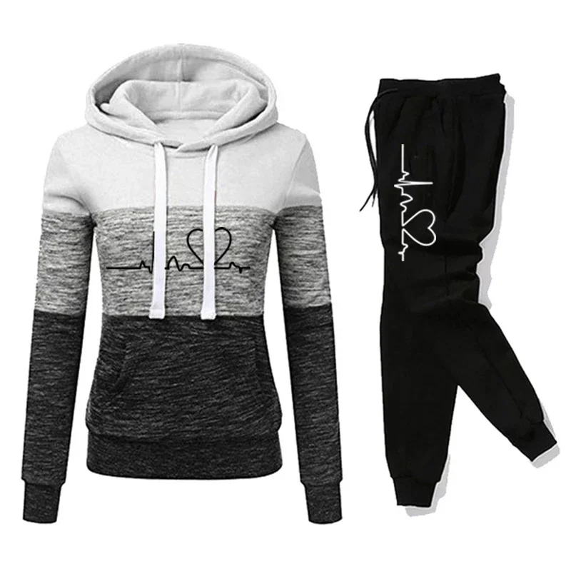 Damen-Trainingsanzug mit Print, Kapuzenpullover, Jogginghose, Farbblock-Design, vielseitig, lässig, Sport-Outfit, Größen S-3XL – Detail 6