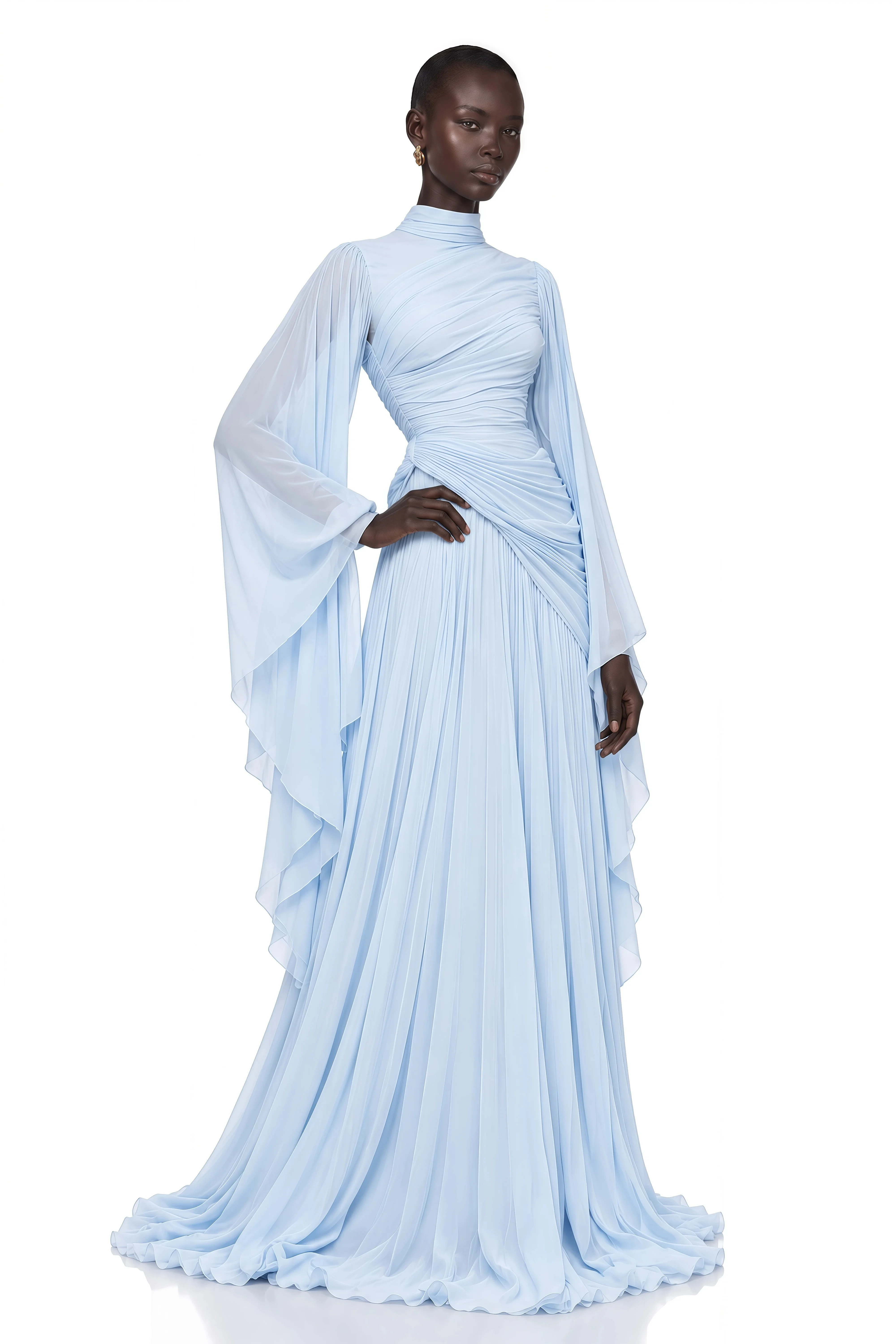 Modest Yellow Chiffon Evening Dresses Full Sleeves Cape Sleeves Long Prom Dresses A-Line Pleated Prom Gowns Customized