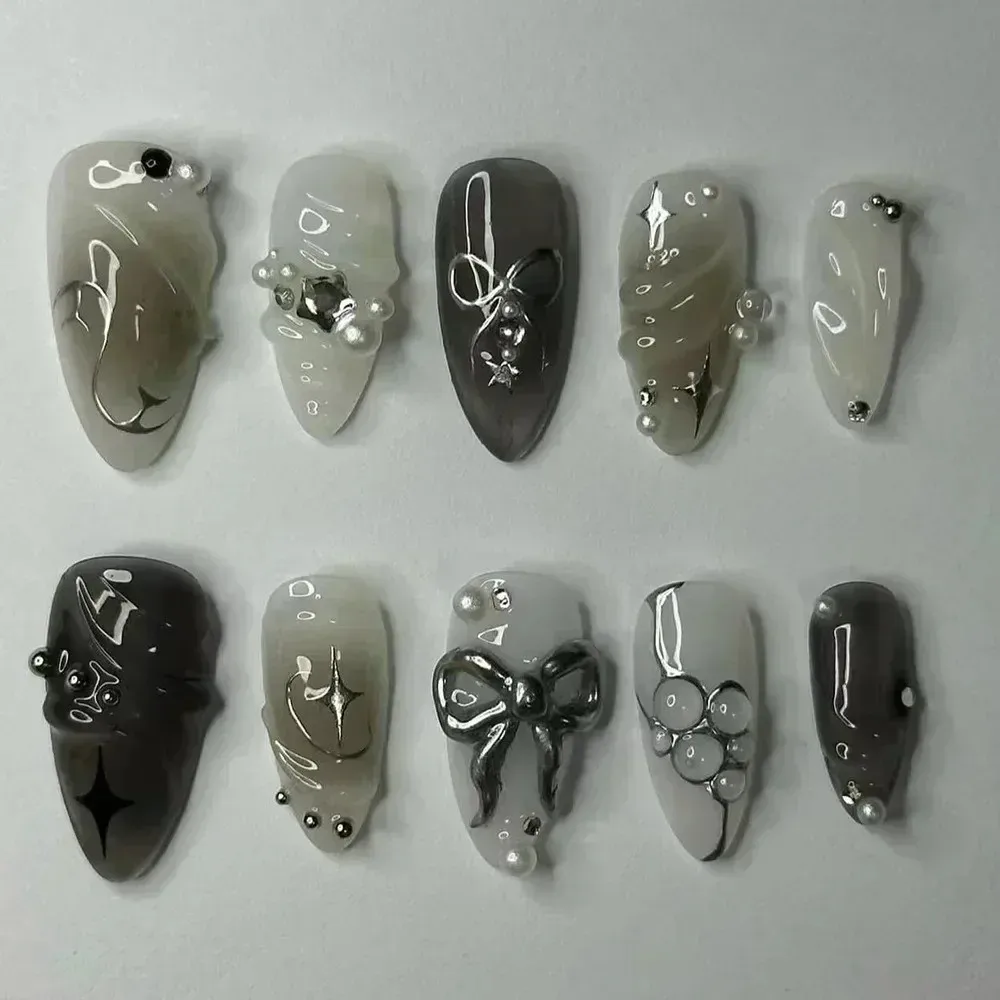 24pcs Sweet False Nail Patches Detachable Fake Nail Tips With Bowknots Love Heart Pearl Design Pink Almond Korean Press On Nail view 2