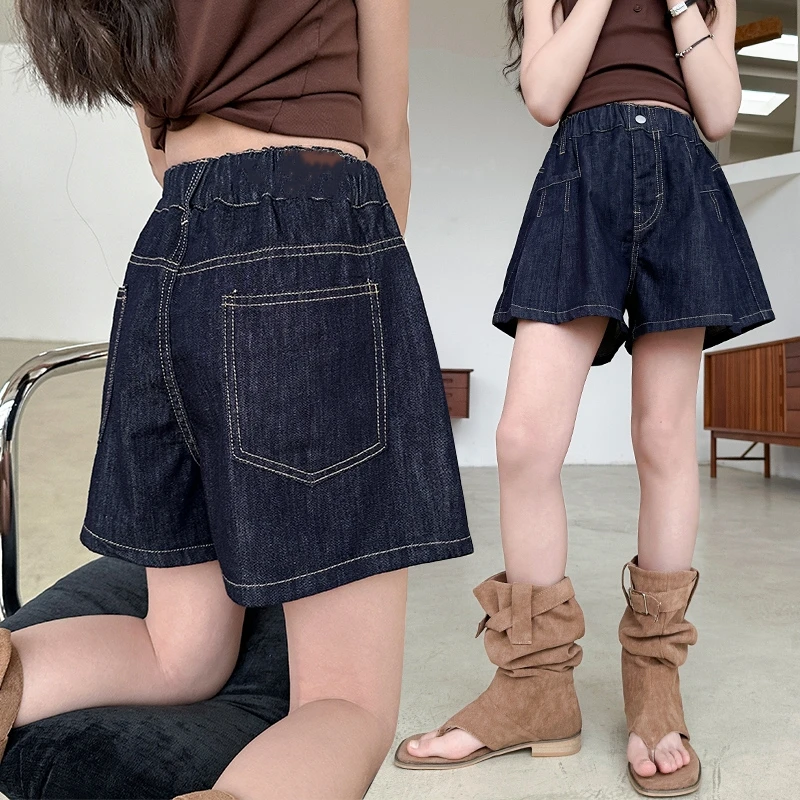 Ladies and children's patchwork pleated denim shorts - dark blue fashionable high waisted A-line loose elastic waist casual shor