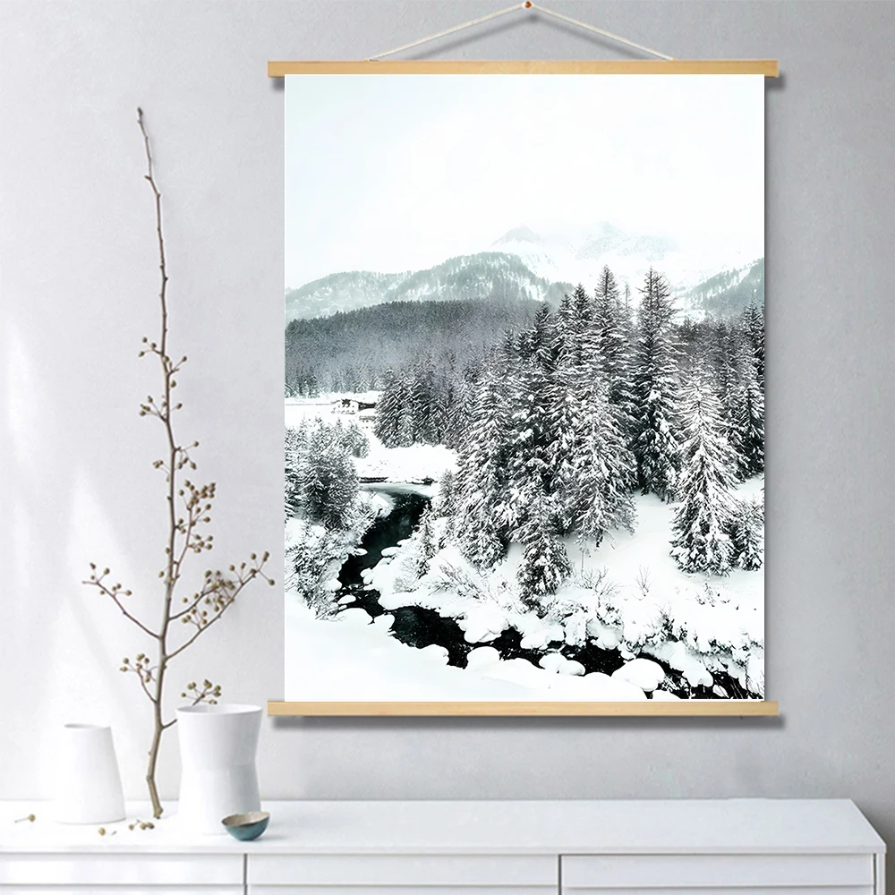 Winter Landscape Wood Hanging Scroll Canvas Painting Modern Home Decor Wall Art Forest Snow Scenery Posters for Living Room Desi