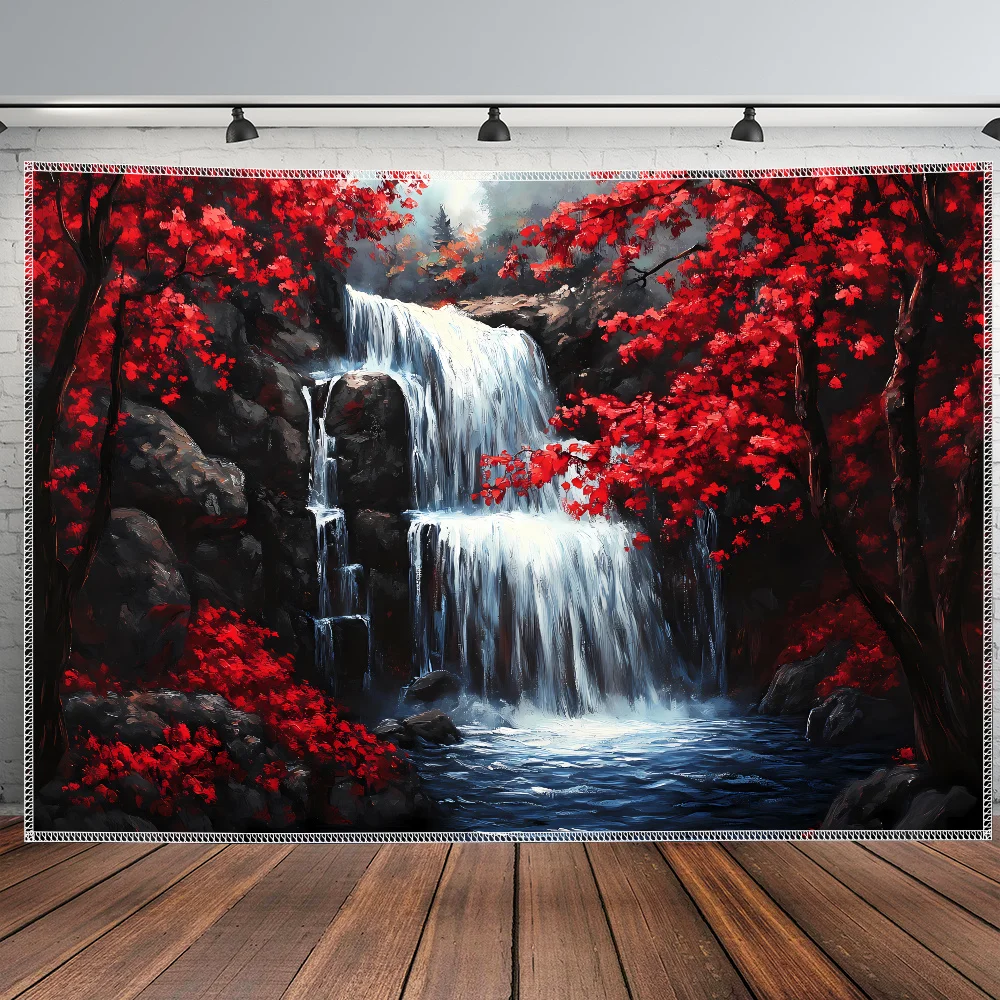 Dramatic Red Flower Waterfall Landscape Tapestry Mural Indoor Wall Decor Bohemian Aesthetic Bedroom Living Room Wallpaper