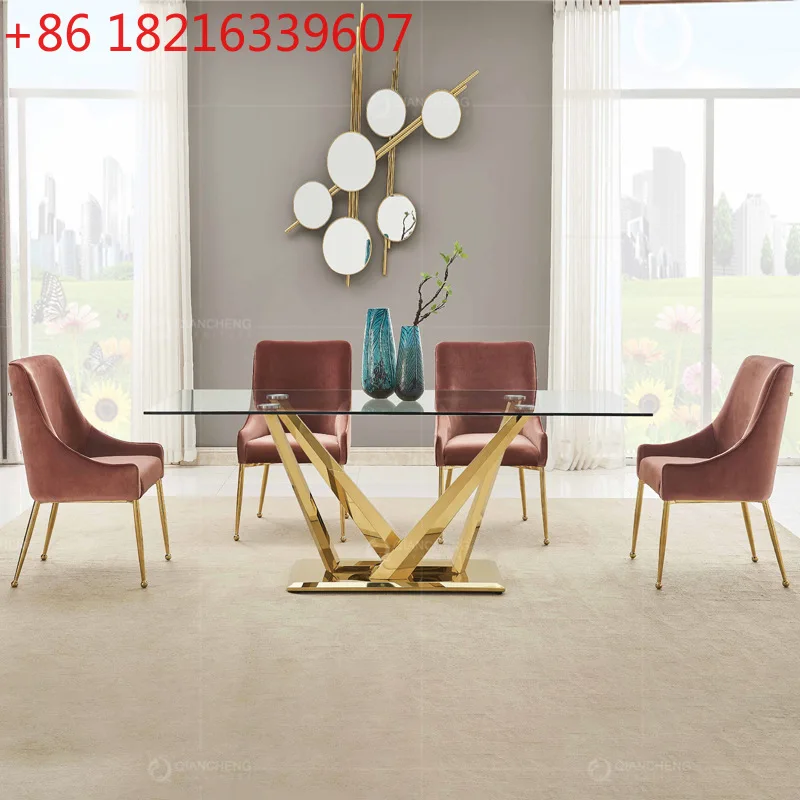 

Легкий роскошный обеденный стол из нержавеющей стали, прямоугольный элитный стеклянный стол для ресторана на 6 человек