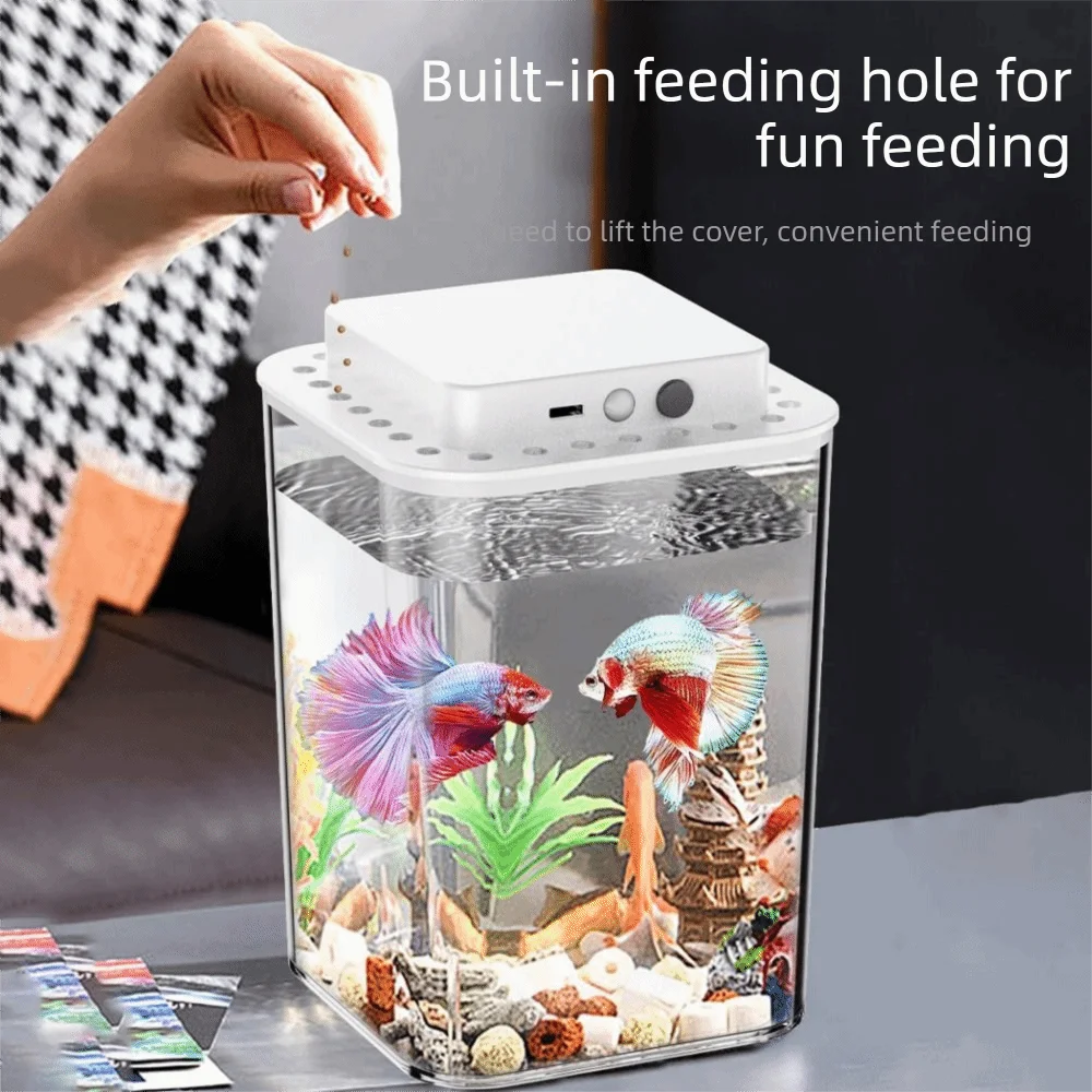 

Display Case Aquarium Transparent Betta Fish Tank USB Charging LED Light Desktop Fish Bowl with Feeding Hole Plastic Figure