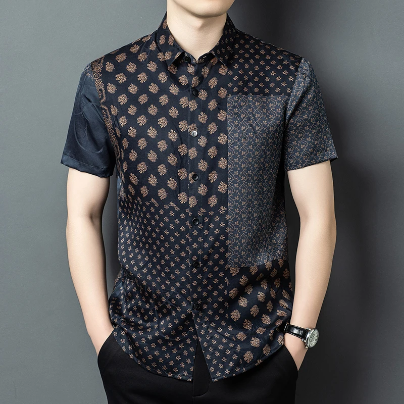 Geniune Silk 100% Print Shirts For Men Short Sleeve Skin-Friendly Summer Quality Gambiered Canton Gauze Design Camisas De Hombre