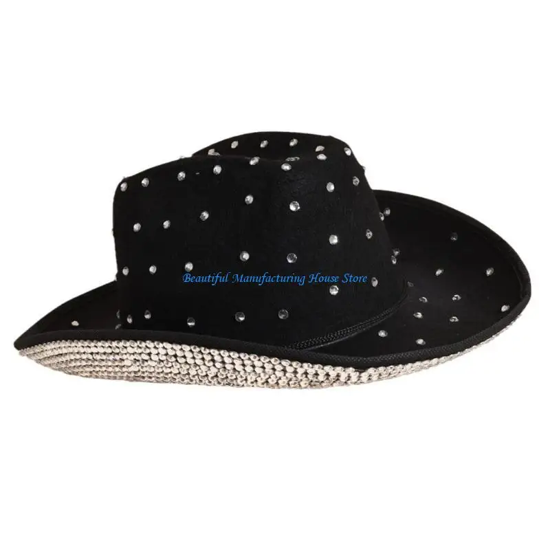 E56A Sparkly Cowboy Hat Rhinestones Brim Panama Hat for Bachelorette Party 4