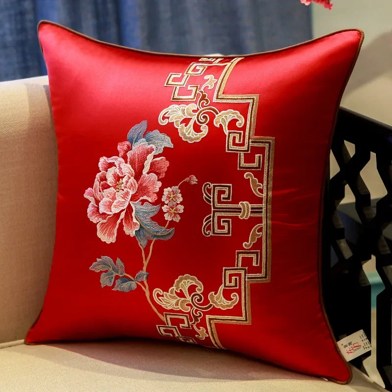 New Chinese Style Pillowcase Embroidered Flower Bird Living Room Sofa Cushion Cover Classical Bedside Backrest Waist Pillow