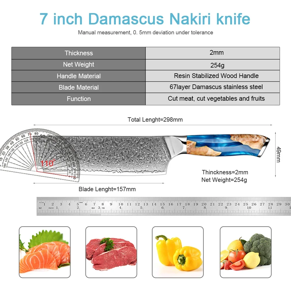 XITUO Japanese 7 Inch Nakiri Knife Damascus Steel Sharp, Kitchen Slicing Knife Vegetable Knife Blue Resin Stabilized Wood Handle