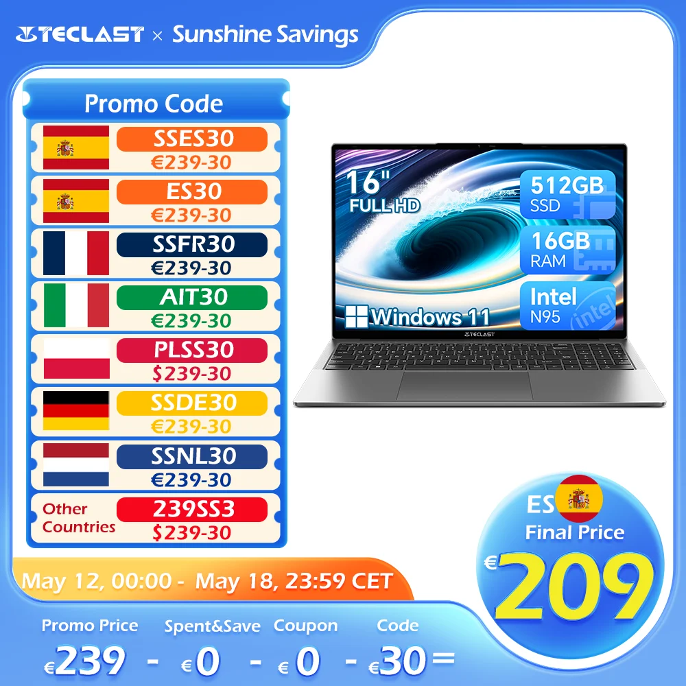 TECLAST F16 Air 16 inch laptop, Flip 180 degree, 16GB + 512GB, for Intel N95 CPU, Windows 11, mini HDMI, backlit keyboard