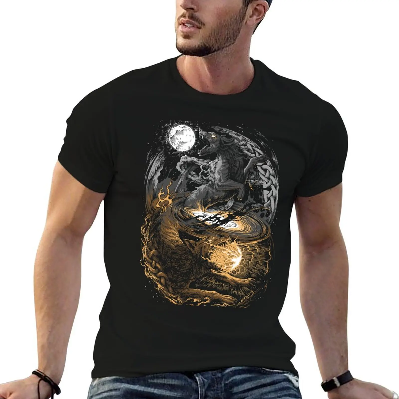 

Viking Wolf Nordic Mythology Hati Skoll Ragnarok Wolves T-Shirt g man t shirts for men t shirt man cotton T-Shirt
